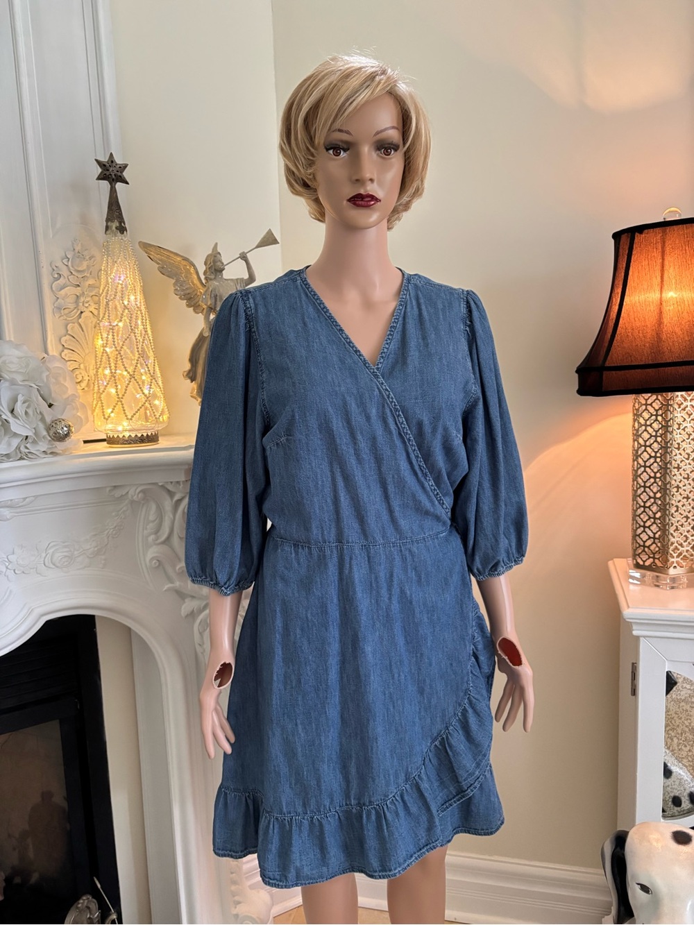 Denim Blue Wrap Ruffle Mini Dress with Puff Sleeves - Picture 2 of 14
